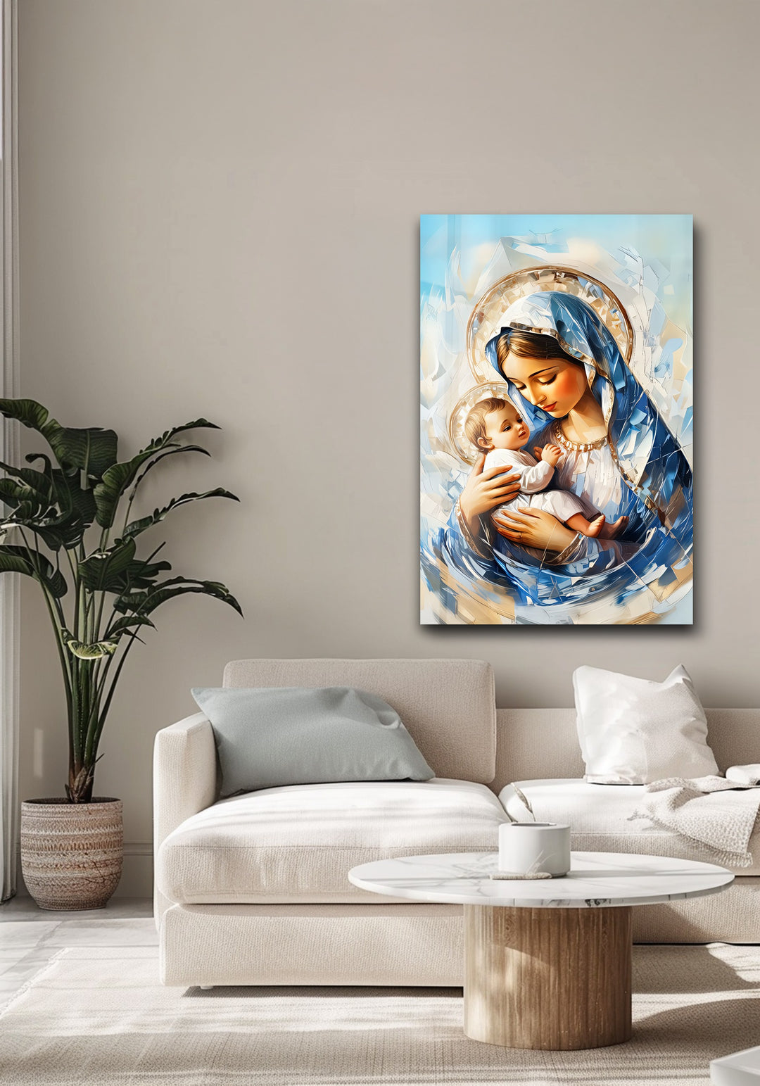 Divine Embrace – Virgin Mary and Child Jesus Glass Wall Art