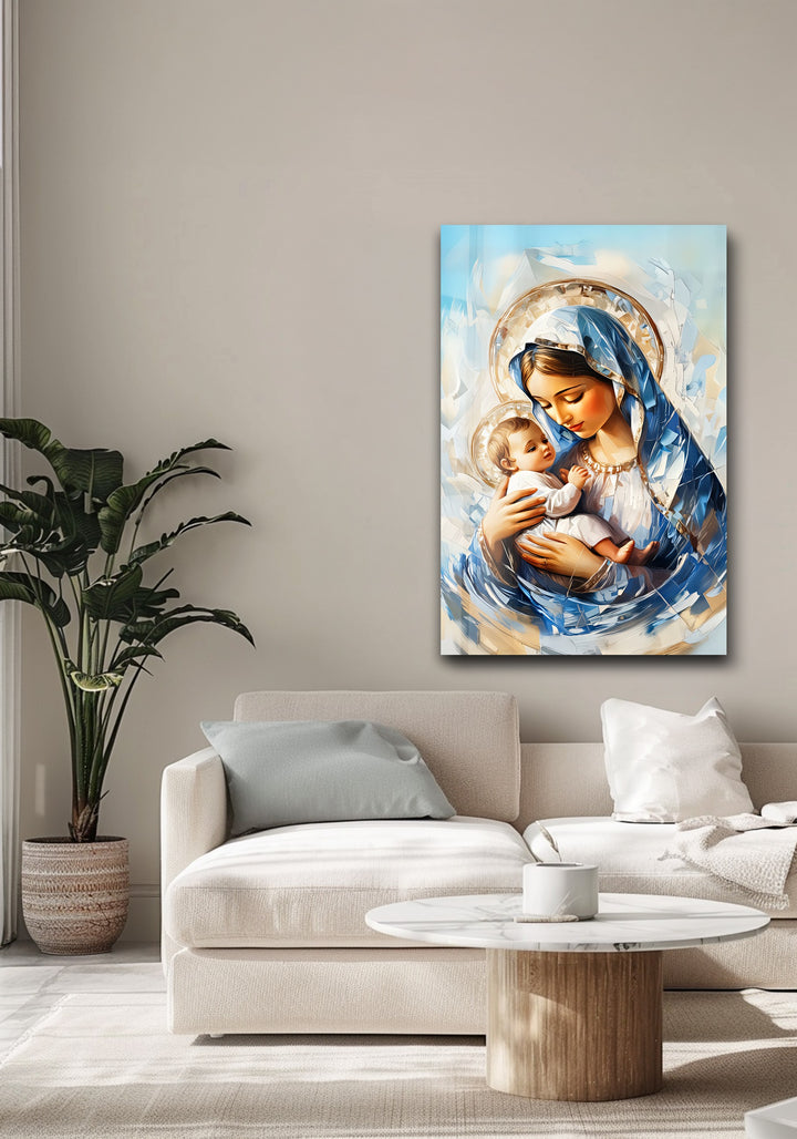 Divine Embrace – Virgin Mary and Child Jesus Glass Wall Art