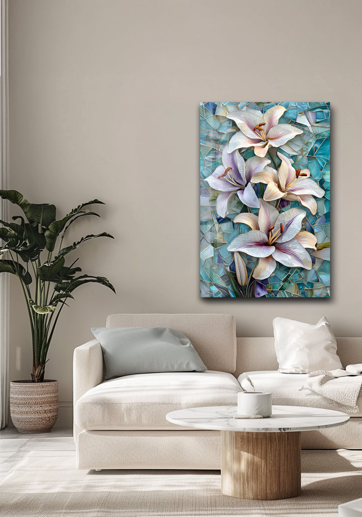 Ocean Lilies – Blue Mosaic Floral Glass Wall Art