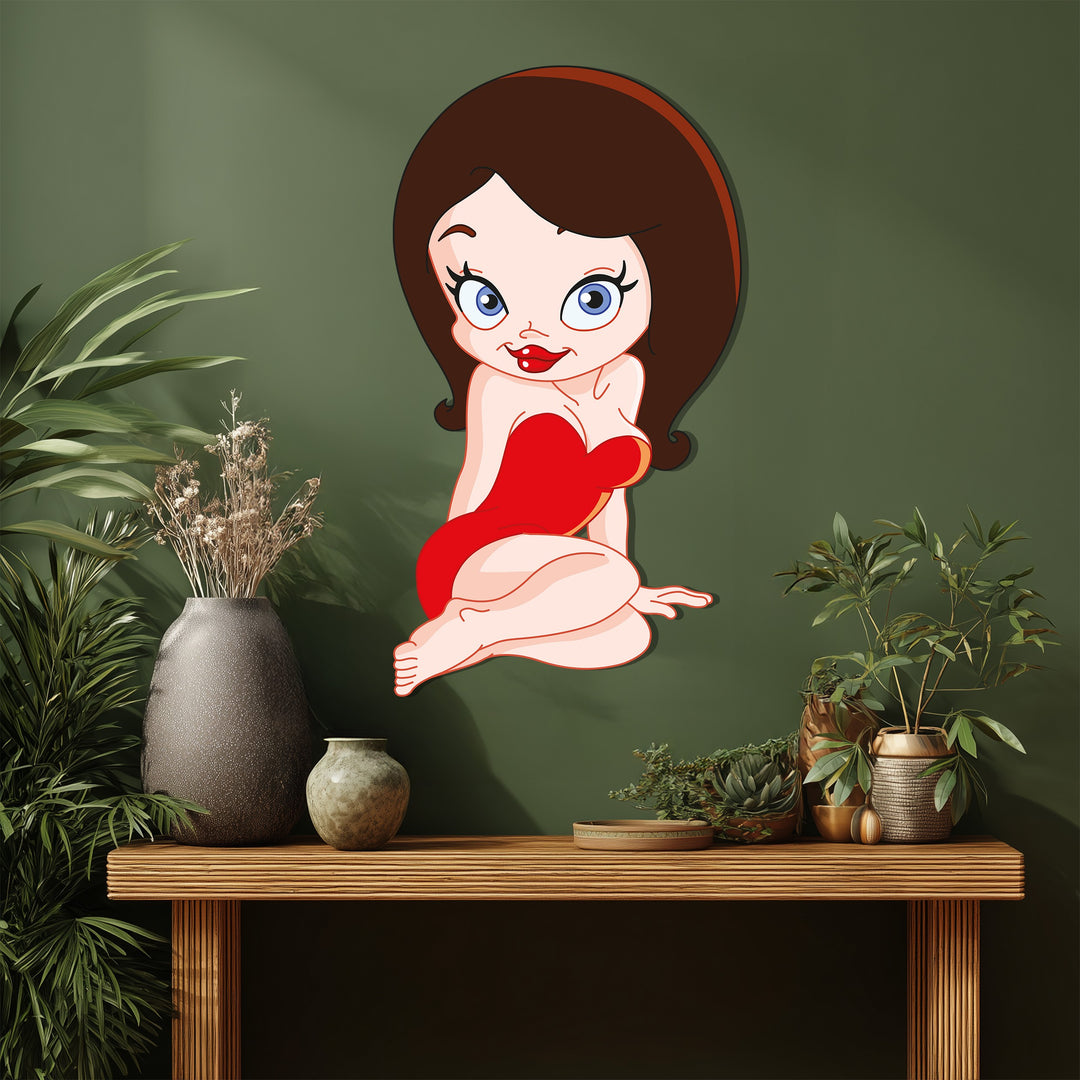 Cartoon Woman Metal Wall Art – Playful Red Dress Modern Wall Decor
