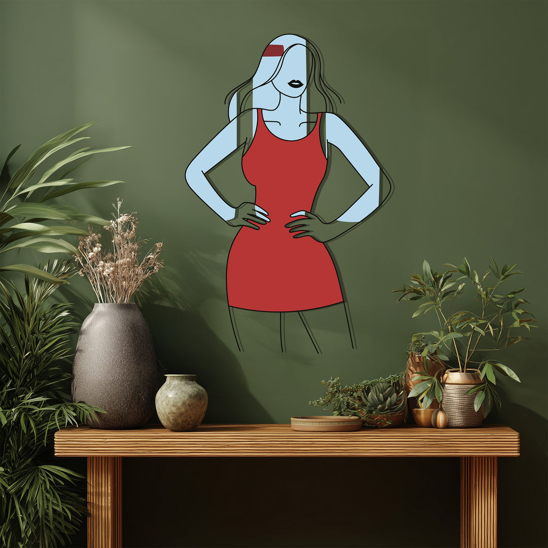 Elegant Woman in Red Dress Metal Wall Art – Modern Minimalist Home Decor