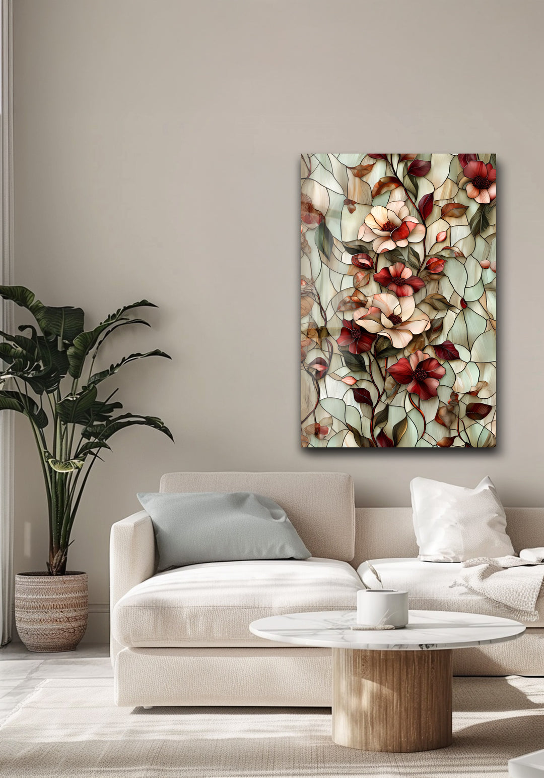 Crimson Bloom Harmony – Stained Floral Glass Wall Art