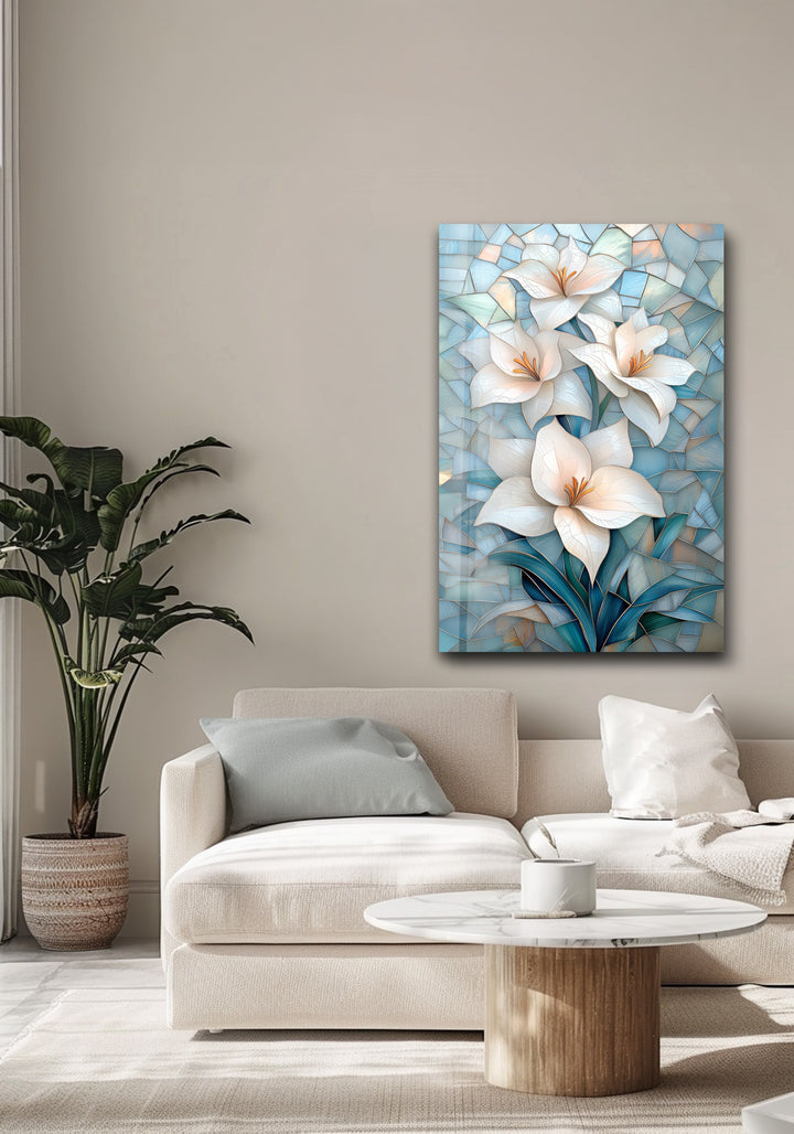 Ivory Radiance – White Lily Mosaic Glass Wall Art