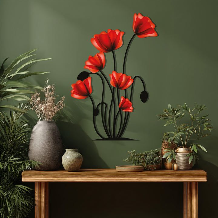 Showcasing depth and layers, this decoration wall art presents the red poppy flower metal design, casting intriguing shadows for botanical wall decor.