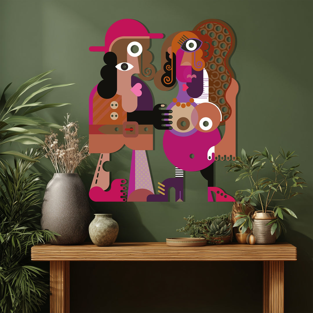 Abstract Couple Metal Wall Art – Colorful Modern Cubist Home Decor
