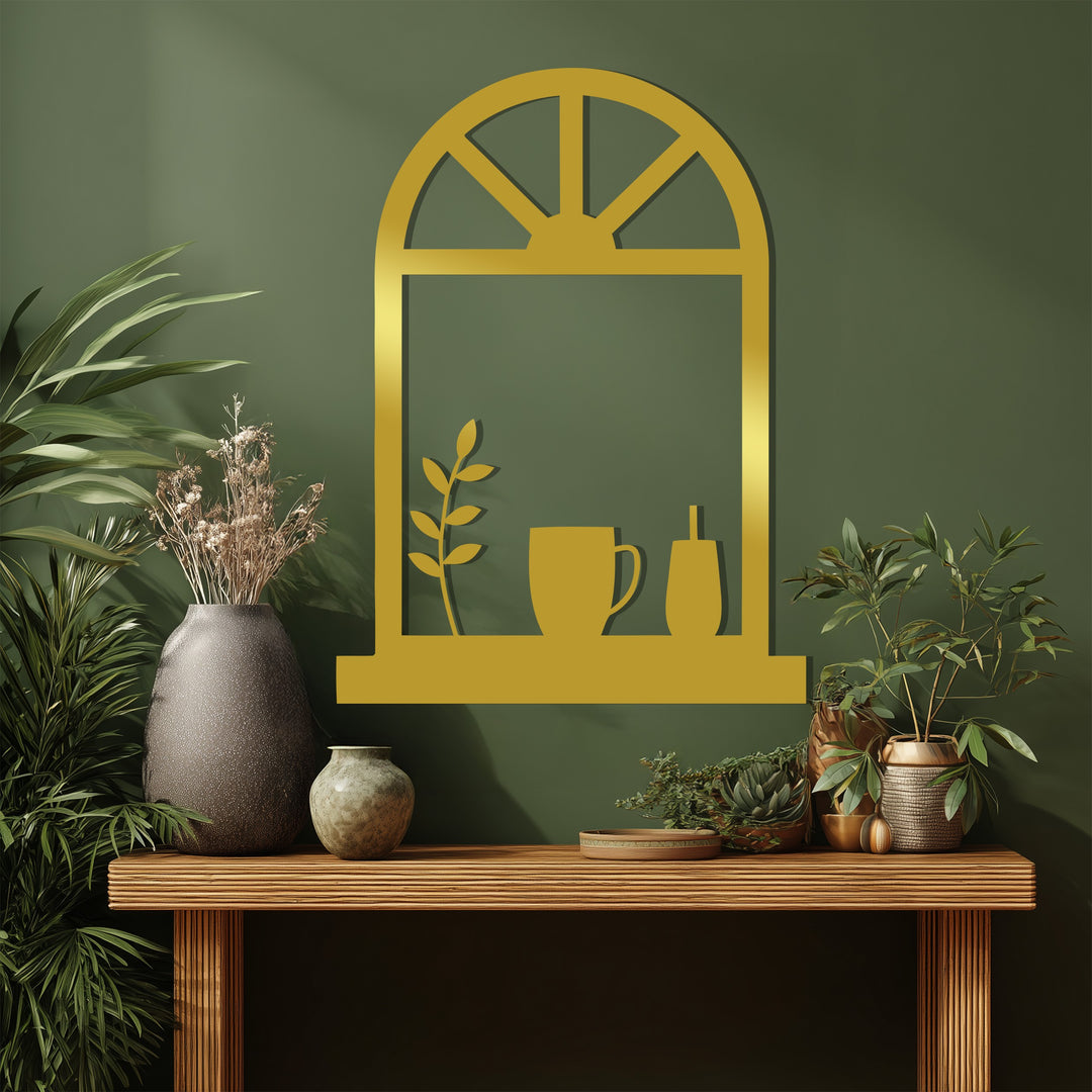 Cozy Window Scene – Coffee Mug & Plant Metal Wall Art