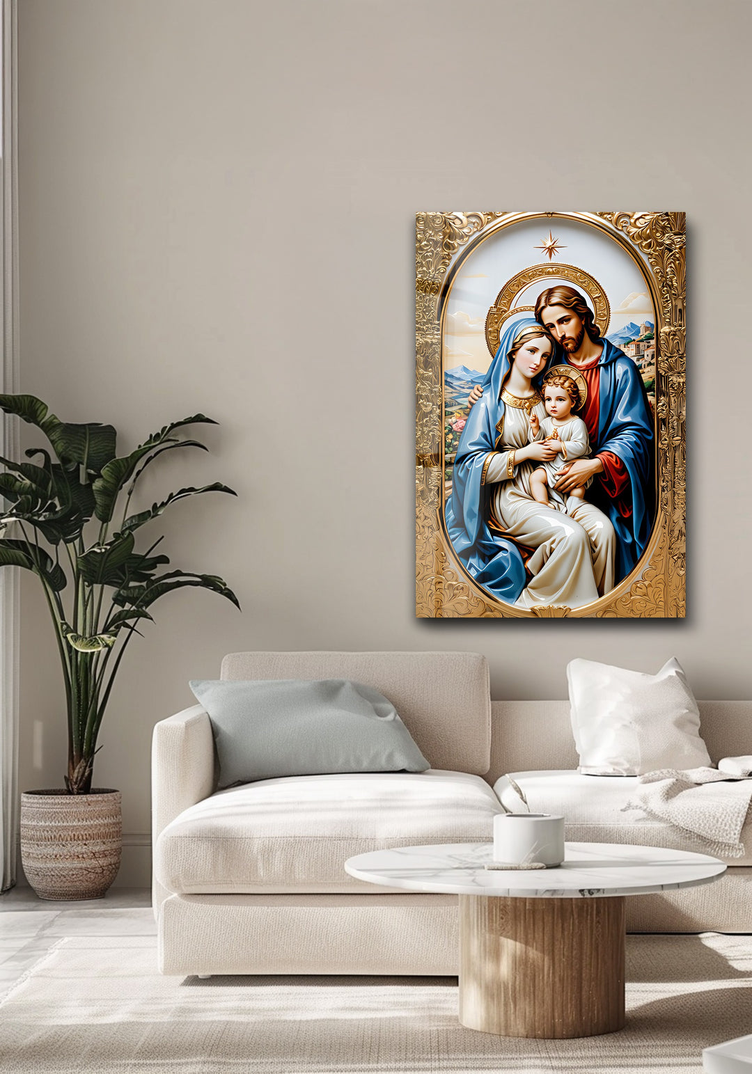 Holy Family in Gold – Christian Glass Wall Art