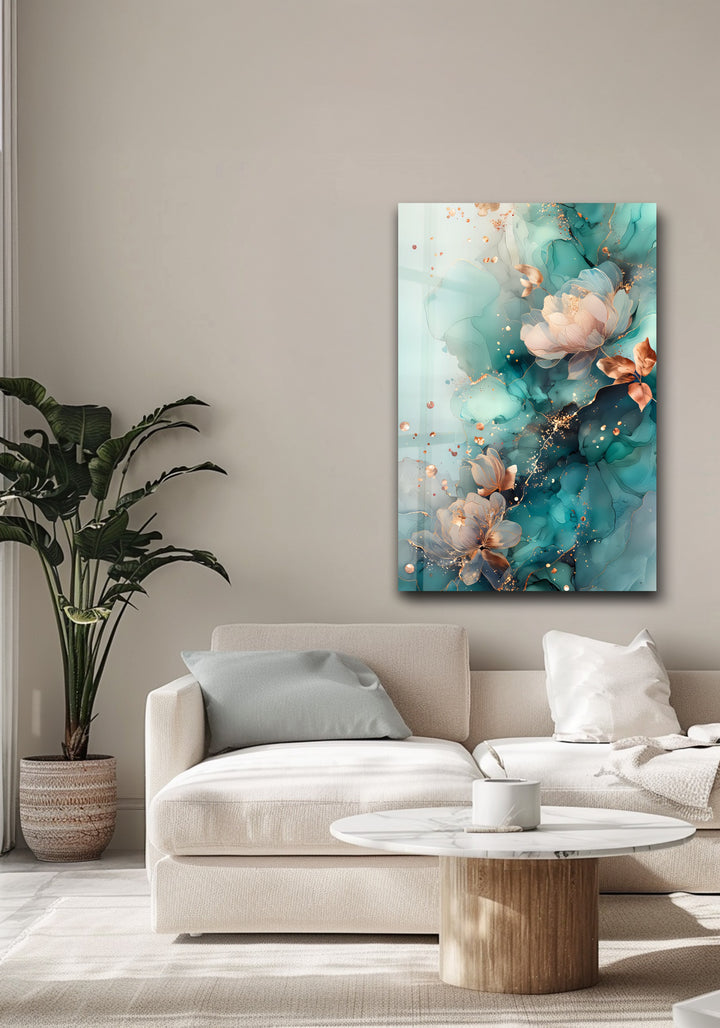 Golden Petals in Aqua Mist – Abstract Floral Glass Wall Art