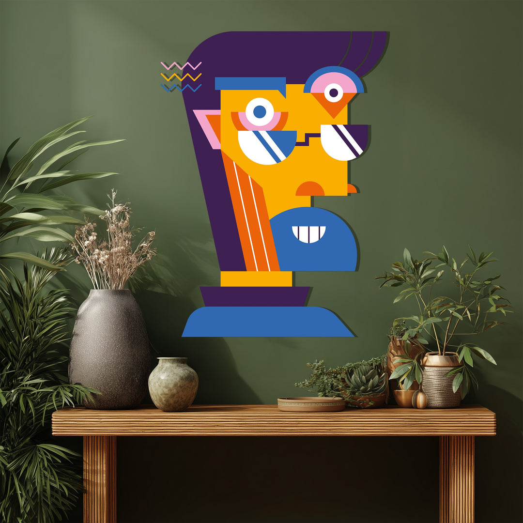 Abstract Man Face Metal Wall Art – Colorful Modern Cubist Home Decor