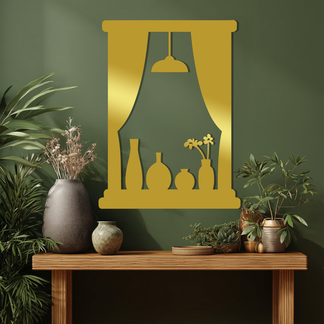 Window Scene with Vases and Lamp – Modern Metal Wall Art Decor