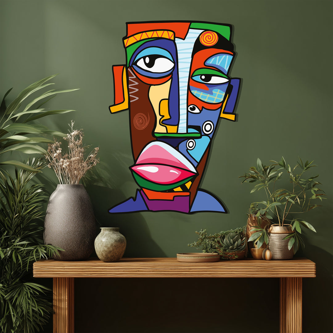 Colorful Abstract Face Metal Wall Art – Modern Cubist Décor