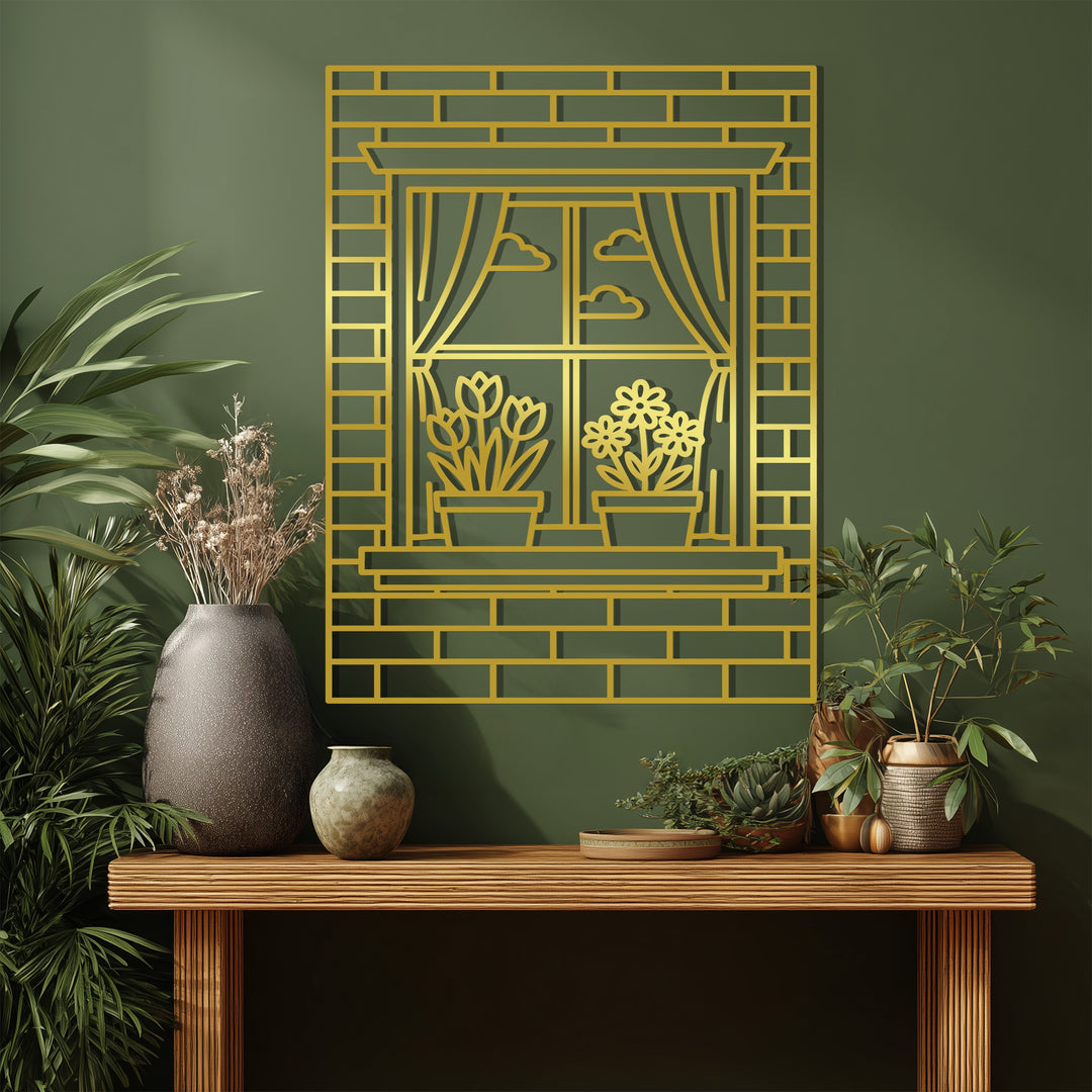 Floral Window Scene – Decorative Metal Wall Art with Curtains & Flowers