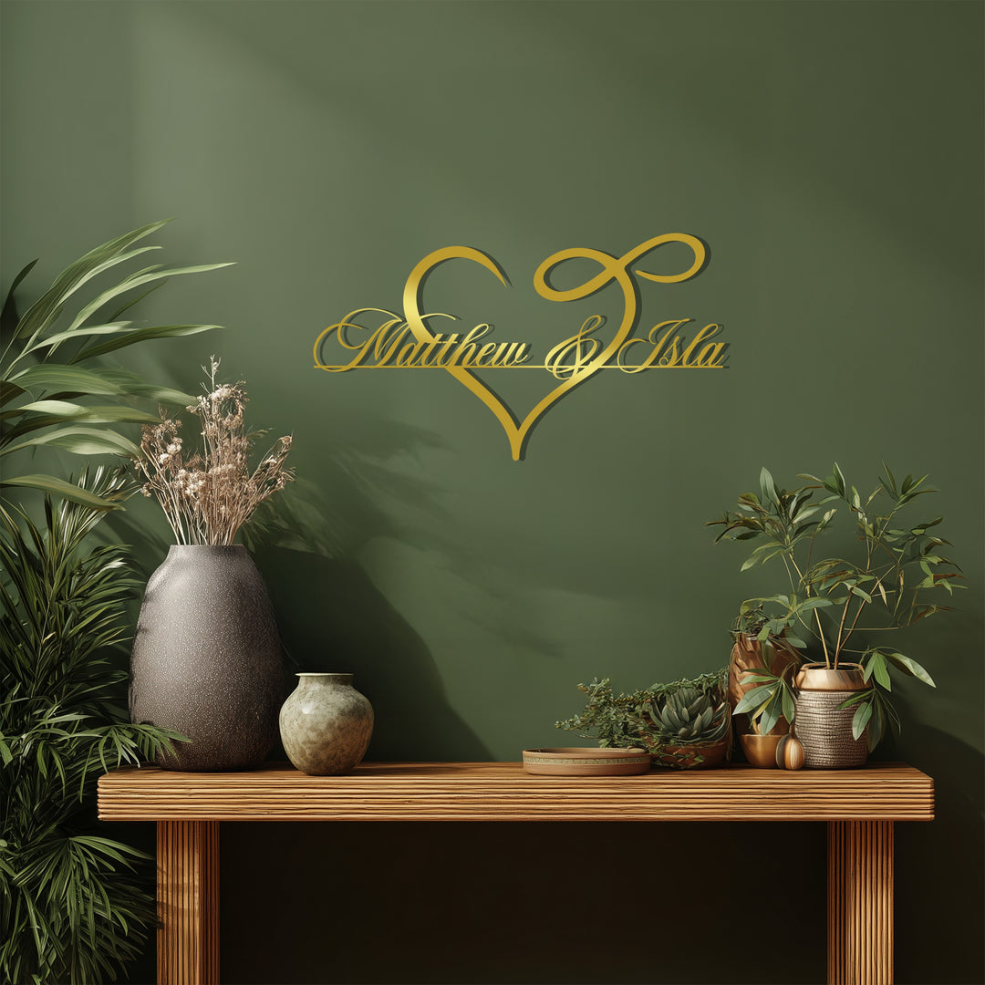 Owen & Ruby Heart Metal Wall Art – Personalized Couple Name Decor