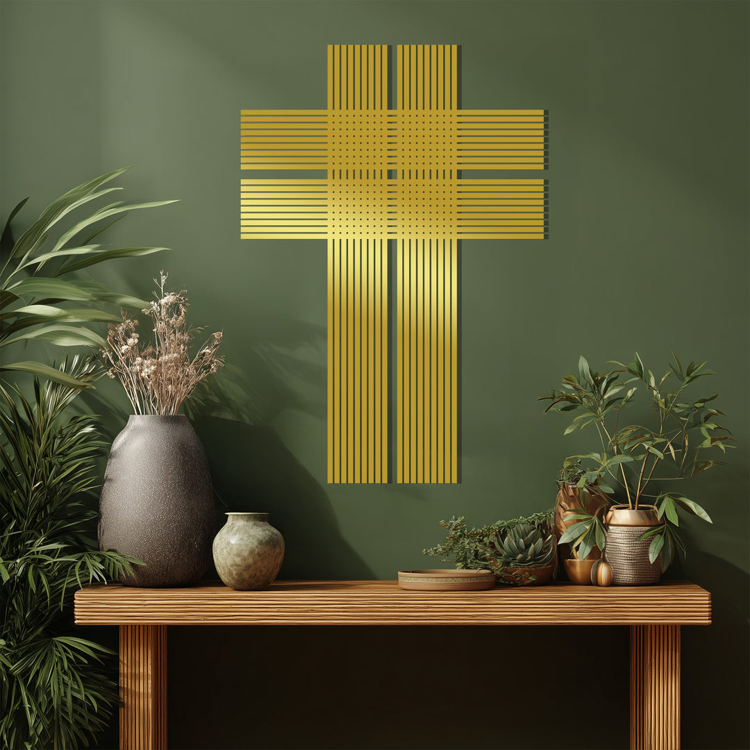 التوازن السماوي – صليب فضي خطي فن جداري معدني