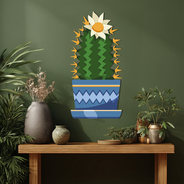 With vivid color saturation, this decorative metal art presents a flowering cactus metal wall art, exhibiting vibrant, botanical, modern wall decor.