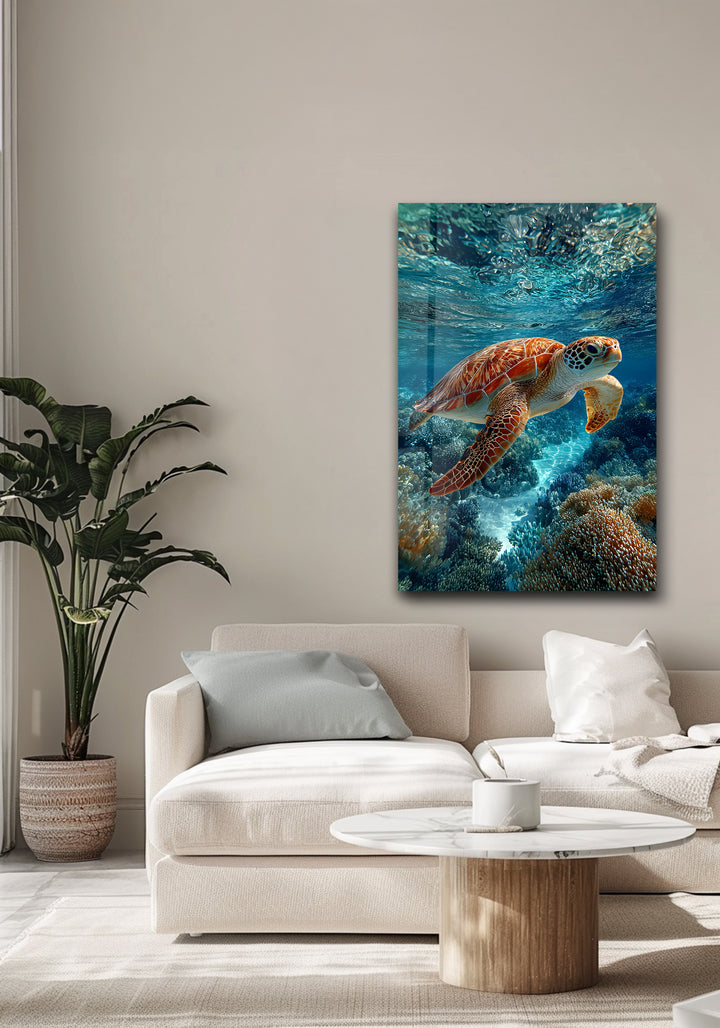 Graceful Voyager – Sea Turtle Underwater Glass Wall Art