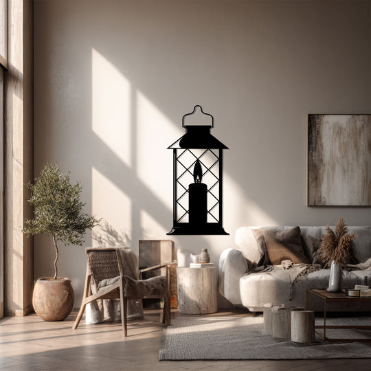 Geometric patterns define this Ramadan candle lantern metal wall decor, crafting a timeless Islamic light design through intersecting lines and shapes.