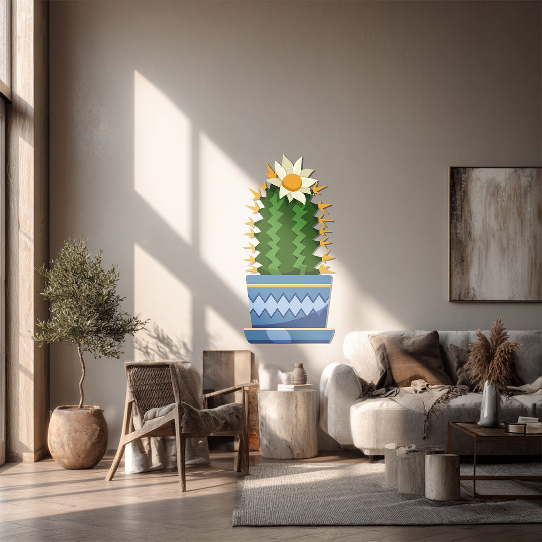 A serene moment captured, showcasing flowering cactus decoration wall art as a still-life subject in a brightly lit, tranquil, contemporary space.