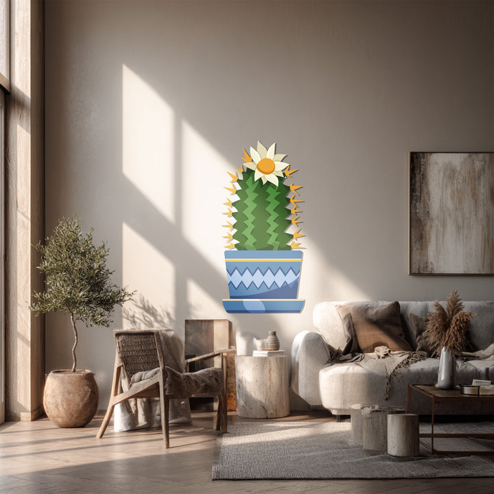 A serene moment captured, showcasing flowering cactus decoration wall art as a still-life subject in a brightly lit, tranquil, contemporary space.