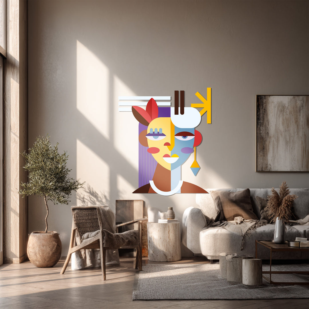 Abstract Woman Face Metal Wall Art – Colorful Modern Cubist Home Decor