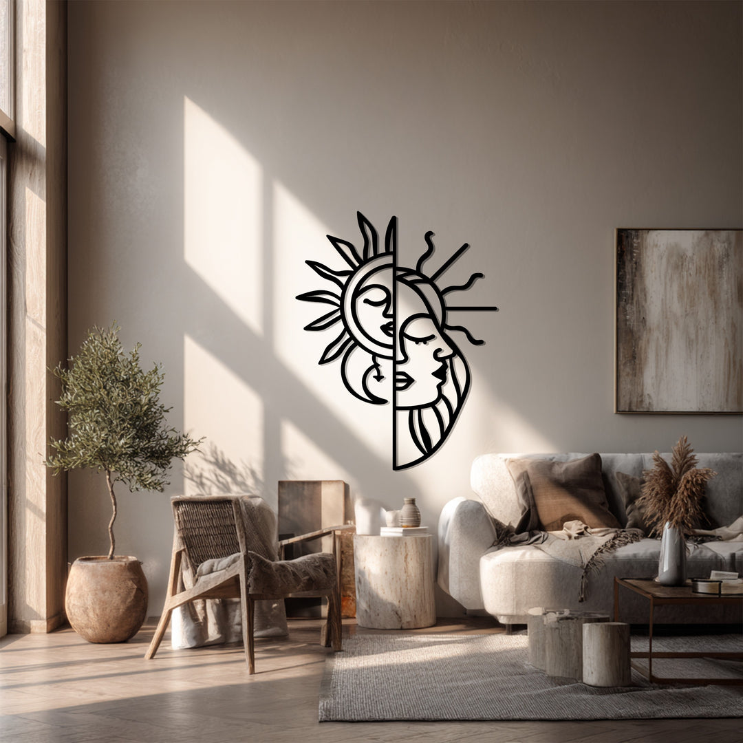 Celestial Harmony – Sun and Moon Face Metal Wall Art