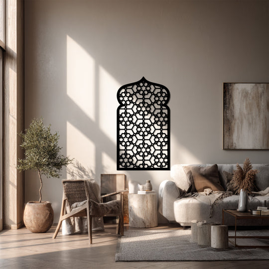 Showcasing the layering effect in this Islamic geometric metal art for wall, the Sacred Honeycomb Arch creates depth through its ornate design and striking shadow play.