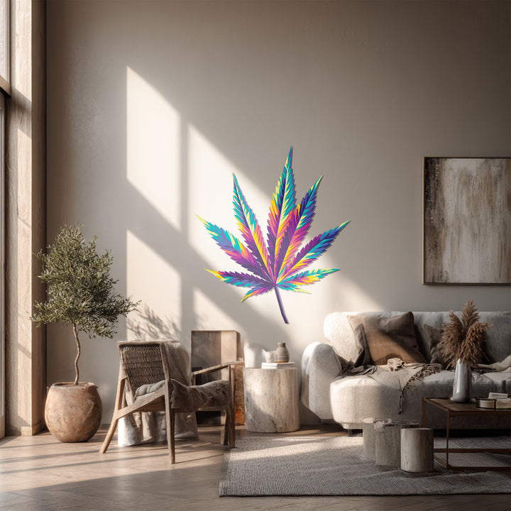 Depth is added with the decoration wall art, a colorful cannabis leaf metal piece whose psychedelic layers enhance the room's artistic touch.
