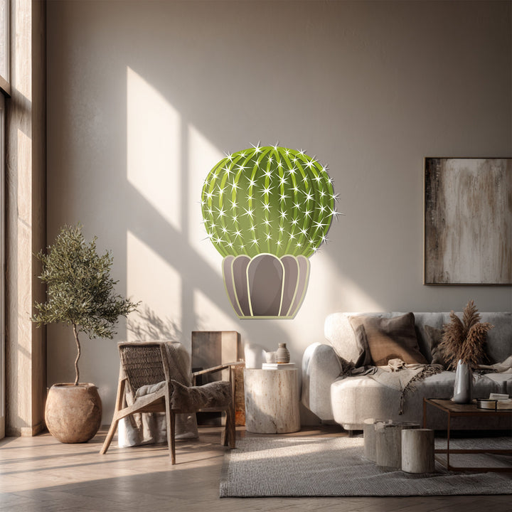 Showing the unique metal wall art as a prickly sphere cactus, its minimal desert design is rendered with precise detail in this artful home decoration.