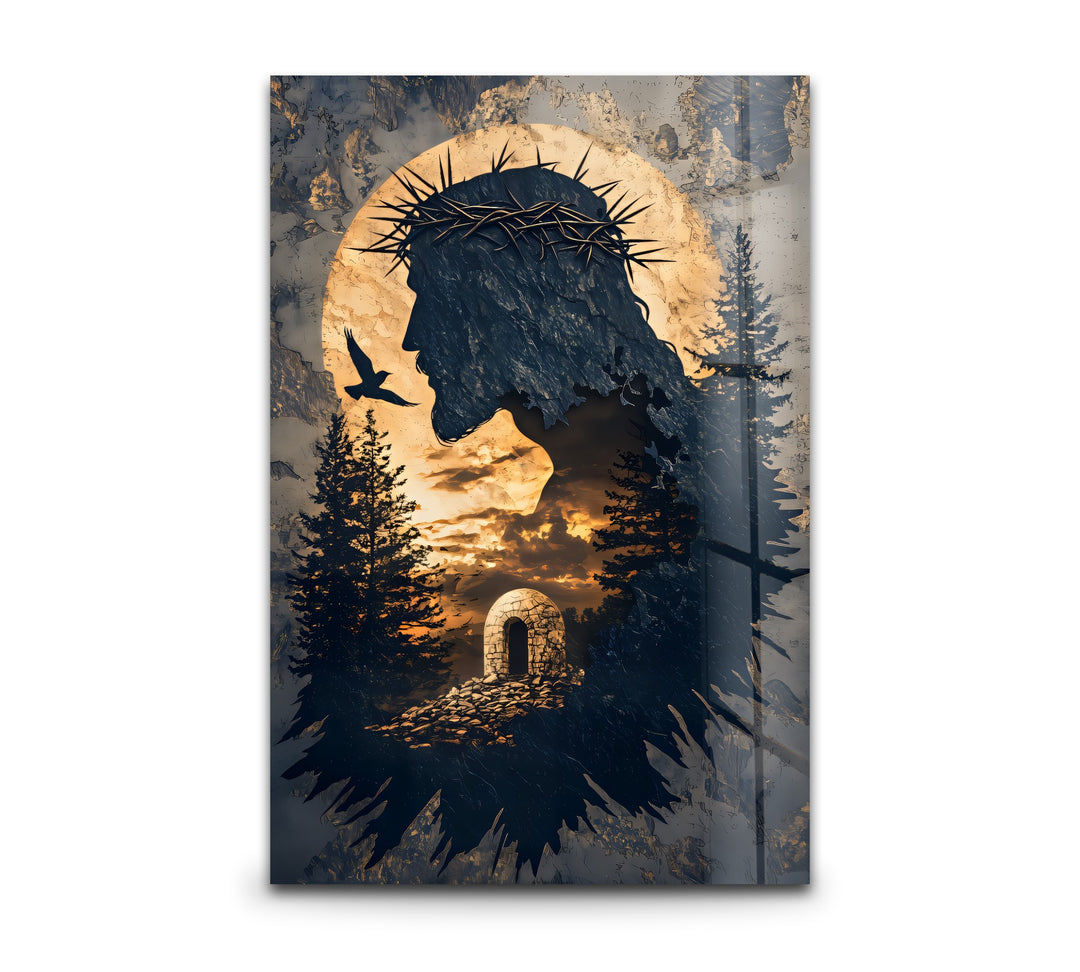 He Is Risen – Silhouette of Christ with Resurrection Tomb Glass Wall Art