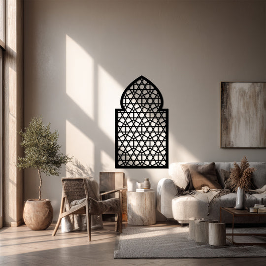 Muted color saturation enhances the intricate details of the celestial lattice arch, a geometric metal art for wall, adding a touch of modern Islamic elegance.