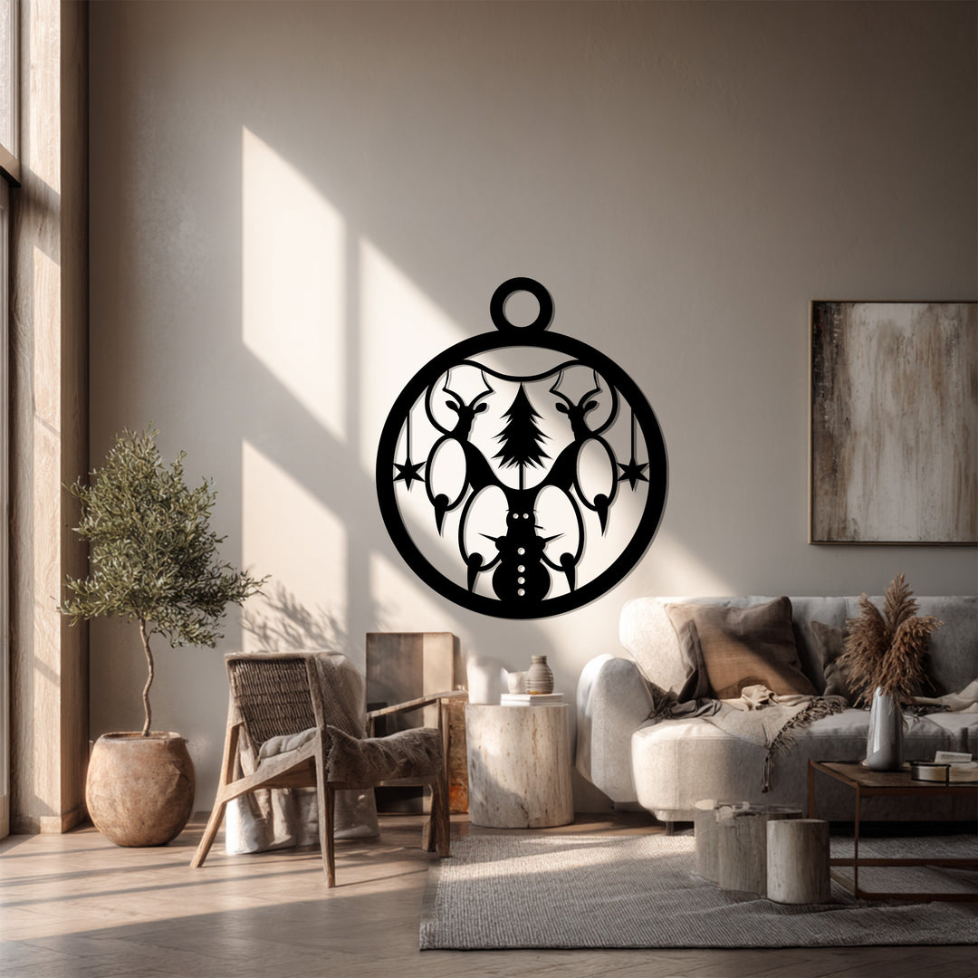 تناغم الشتاء – عيد الميلاد مع الرنة ورجل الثلج فن جداري معدني