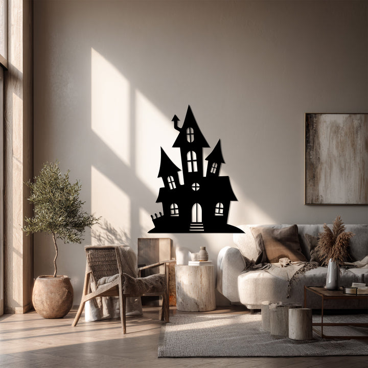Black metal haunted house wall décor for Halloween season