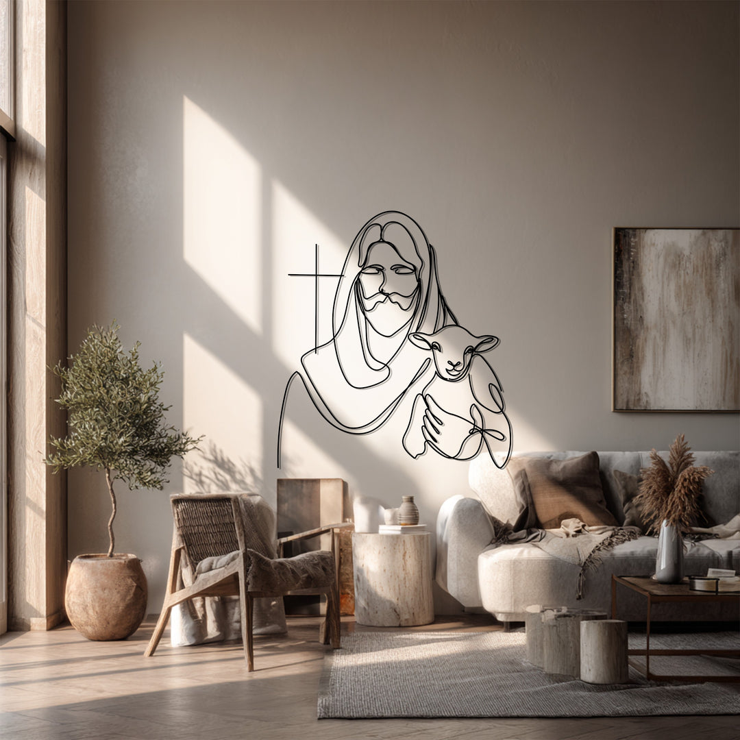 Jesus with Lamb – Minimalist Christian Metal Wall Art