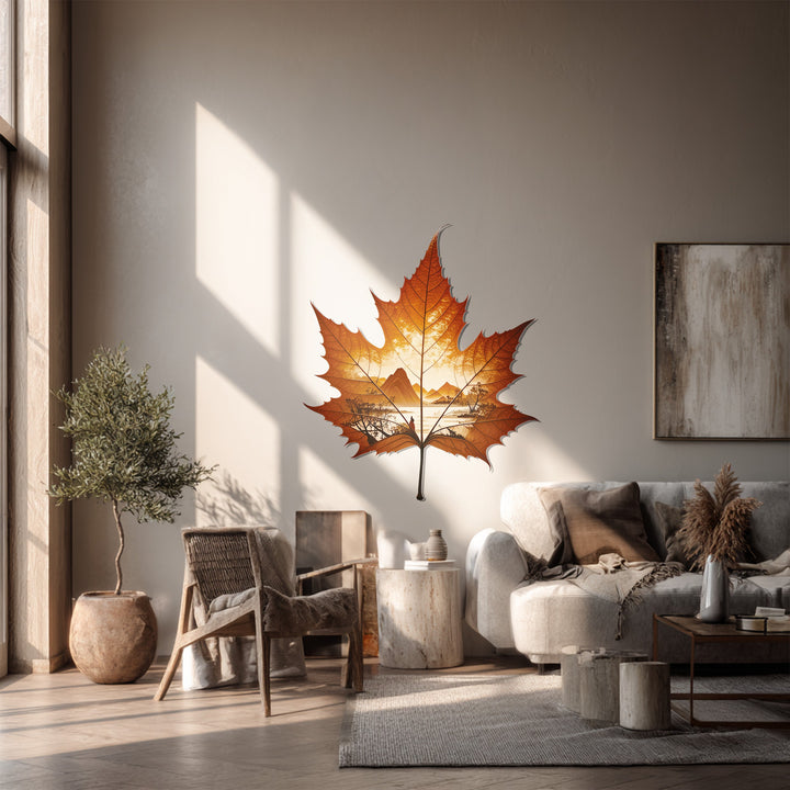Calm mood evoked by the unique metal wall art featuring an autumn horizon maple leaf, creating a nature landscape wall decor display.