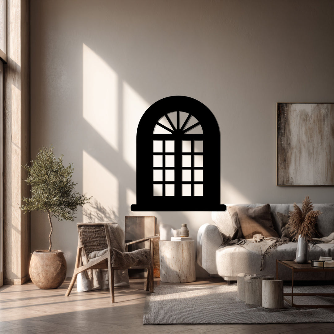 Classic Arched Window – Geometric Grid Metal Wall Art