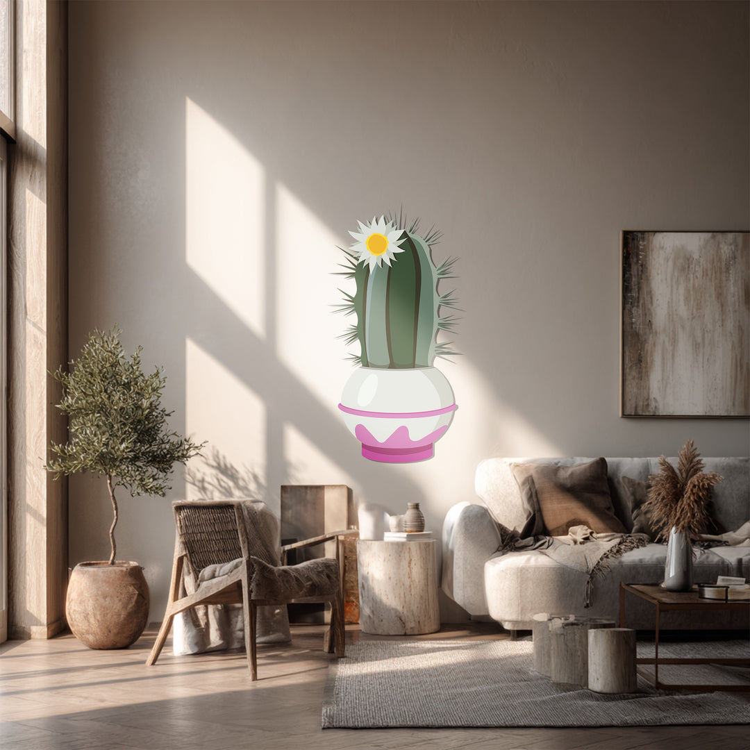 Sunlight casts strong light and shadow patterns on the Blossom Crown Cactus decoration wall art, accentuating its elegant botanical design and texture.