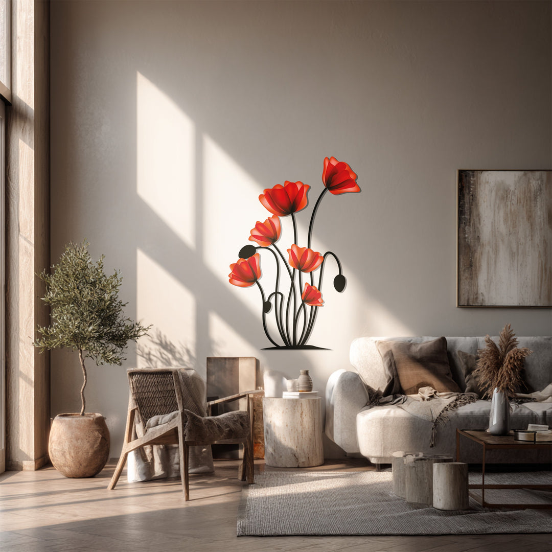 Vertical, stylized decorative metal art featuring red poppy flowers creates a captivating floral shape against a neutral wall.