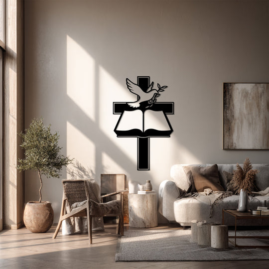 The sacred peace cross, with a dove and open Bible, presents a powerful display of Christian faith and the essence of metal wall decor in a prayerful setting.