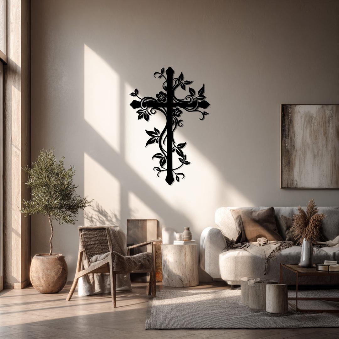 Floral Grace Cross – Elegant Christian Metal Wall Art for Home Décor