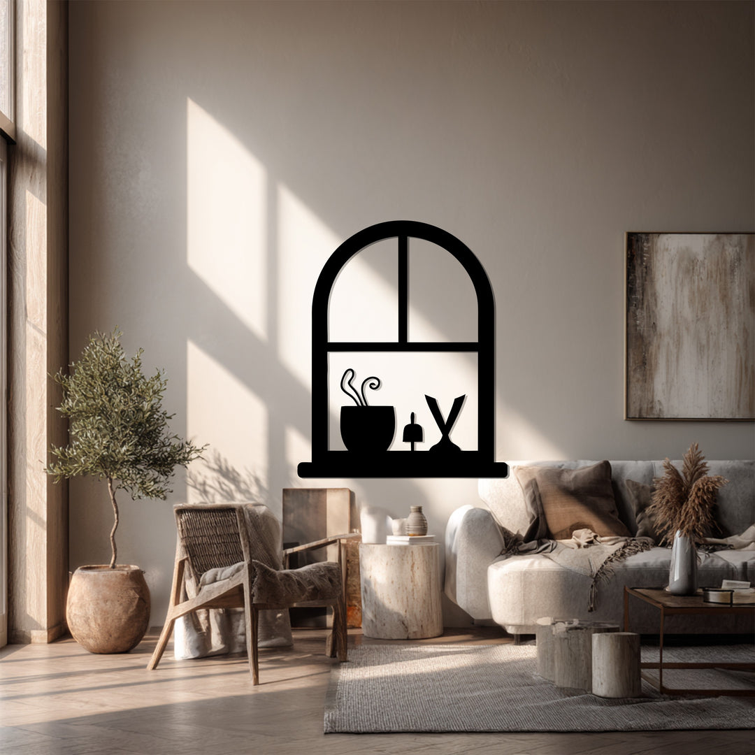 Arched Window Frame with Potted Plant – Minimalist Metal Wall Art Decor