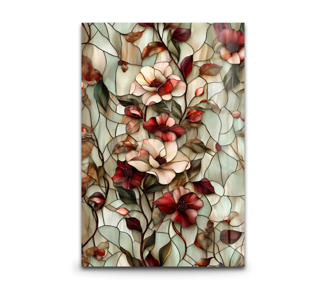 Crimson Bloom Harmony – Stained Floral Glass Wall Art