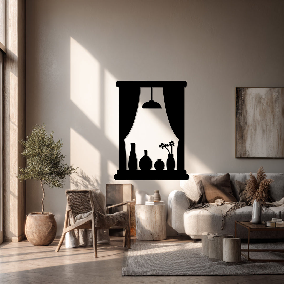 Window Scene with Vases and Lamp – Modern Metal Wall Art Decor