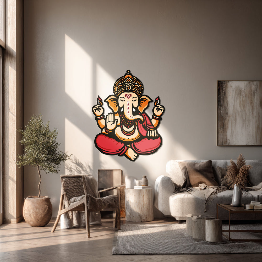 High color saturation enhances the visual impact of this blessed Ganesha metal artwork, featuring a Hindu elephant deity in vibrant tones.