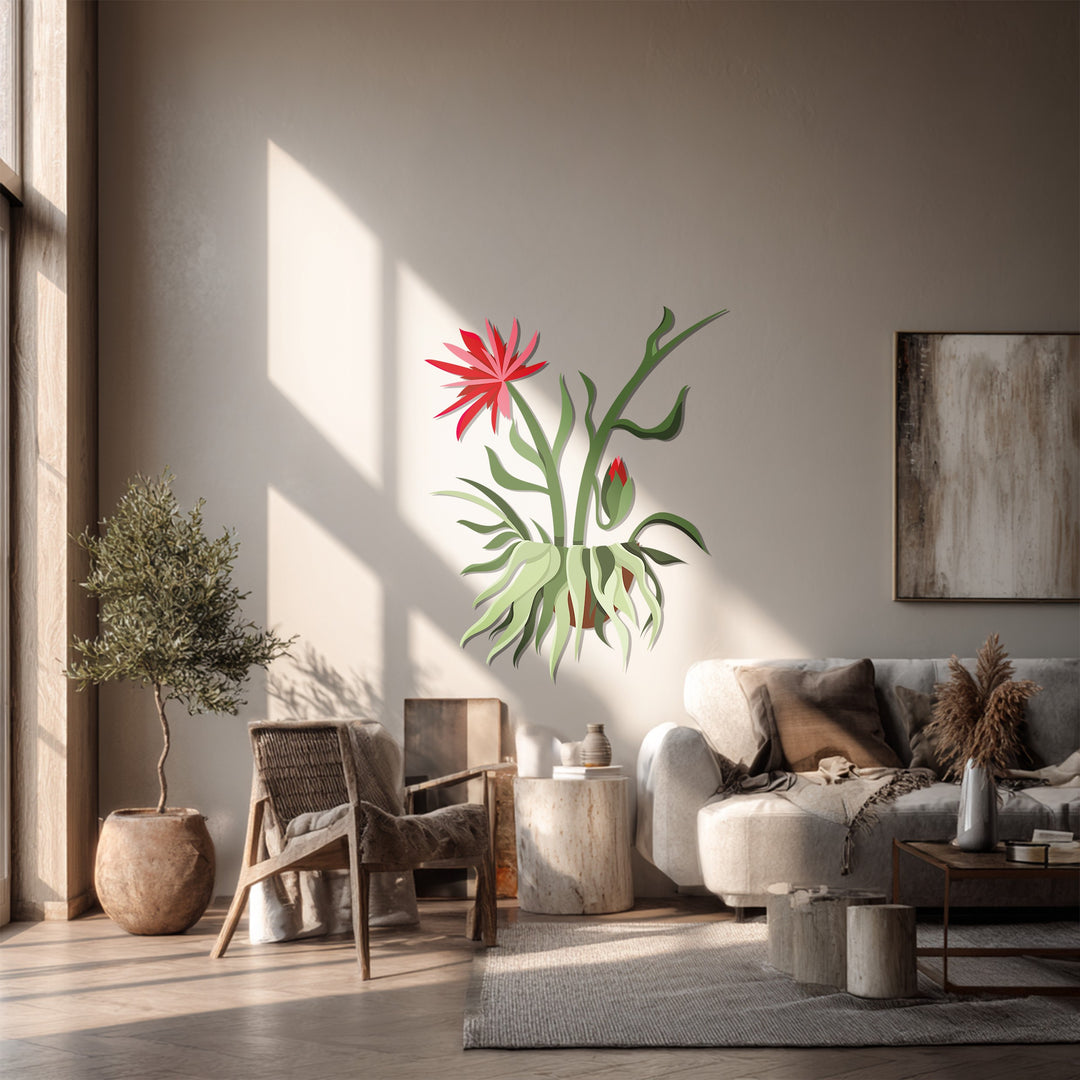 Highlighting the transition between colors, this metal decoration wall art showcases a red bloom hanging plant, a modern botanical piece with striking contrast.