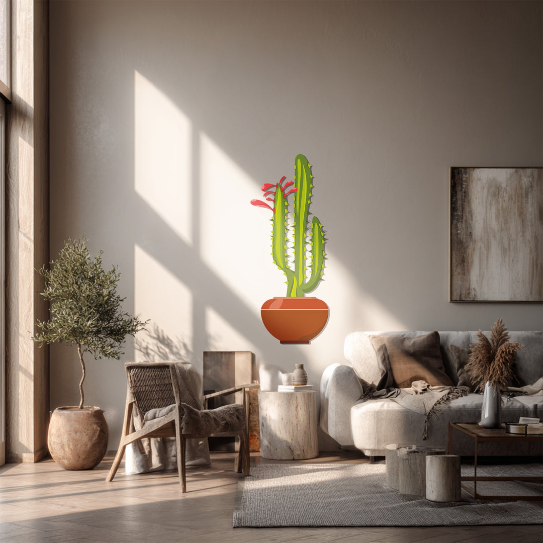 Textured metal wall decor in a living space, featuring the dimensional surface texture of the twin column cactus, a modern desert botanical wall art.