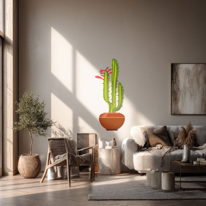 Textured metal wall decor in a living space, featuring the dimensional surface texture of the twin column cactus, a modern desert botanical wall art.