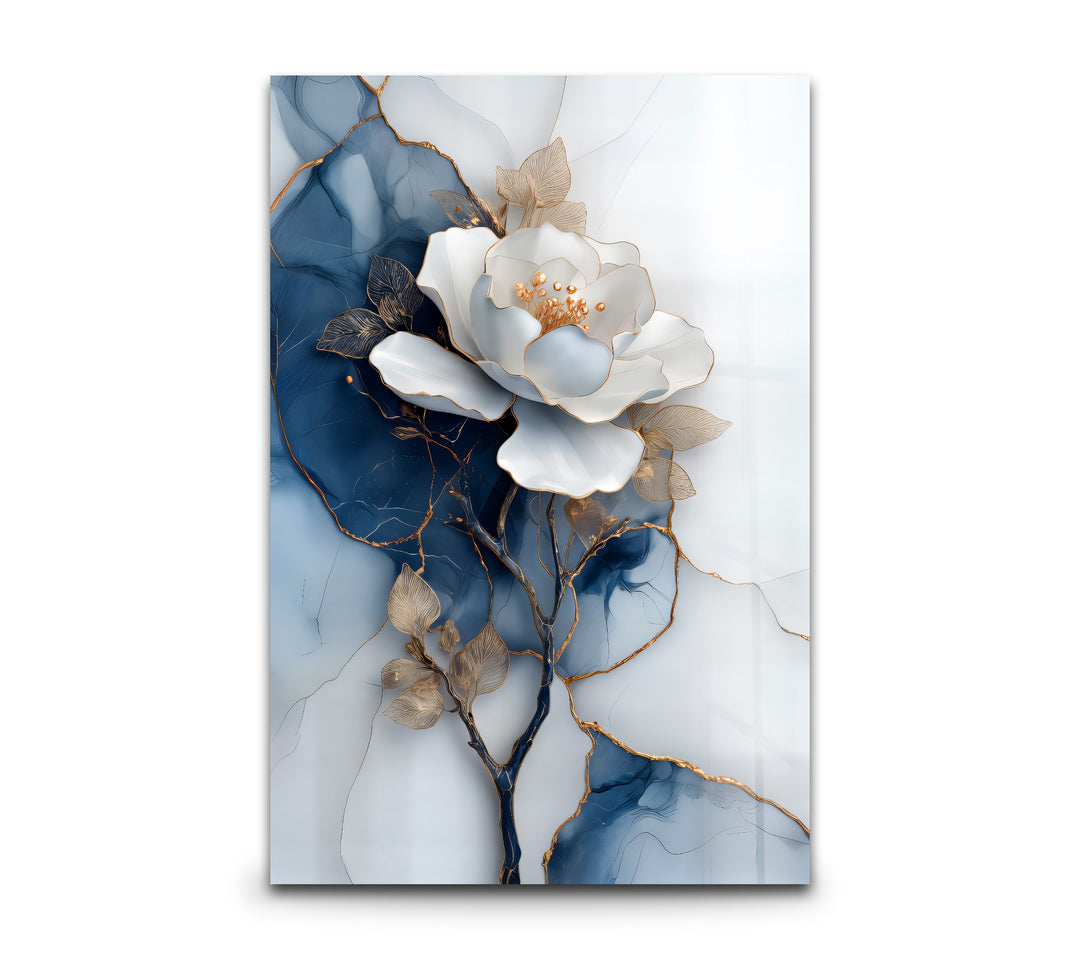Golden Midnight Bloom – White Flower on Navy Marble Glass Wall Art