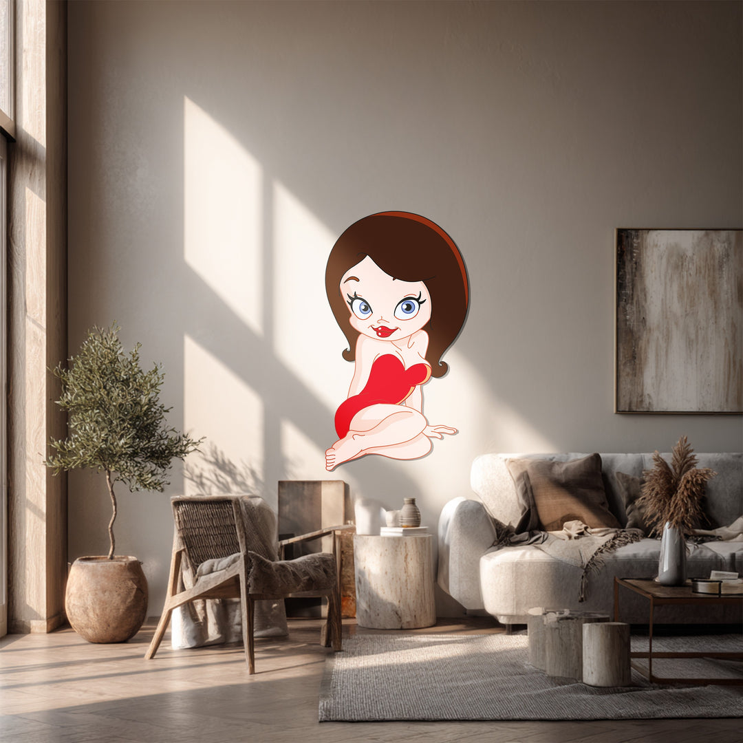 Cartoon Woman Metal Wall Art – Playful Red Dress Modern Wall Decor