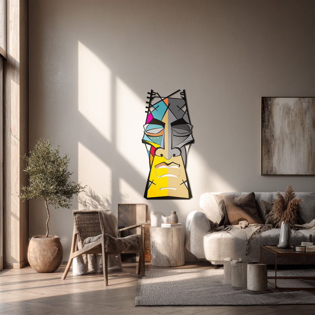 Abstract Tribal Face Metal Wall Art – Colorful Modern Geometric Decor