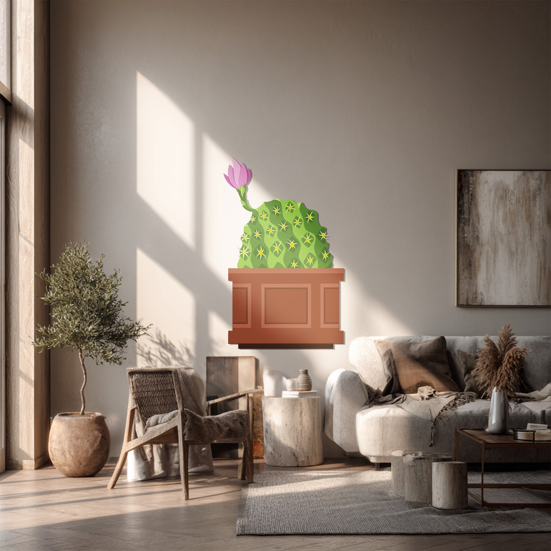 The pink bloom cactus, a captivating central subject, displays its intricate design as vibrant metal wall decor, adding a touch of botanical modernism.